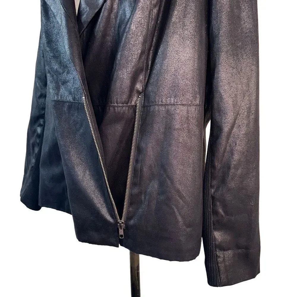 M by Mark Bouwer Black Shimmer Moto Jacket Draped Neckline Side Zip Womens Large